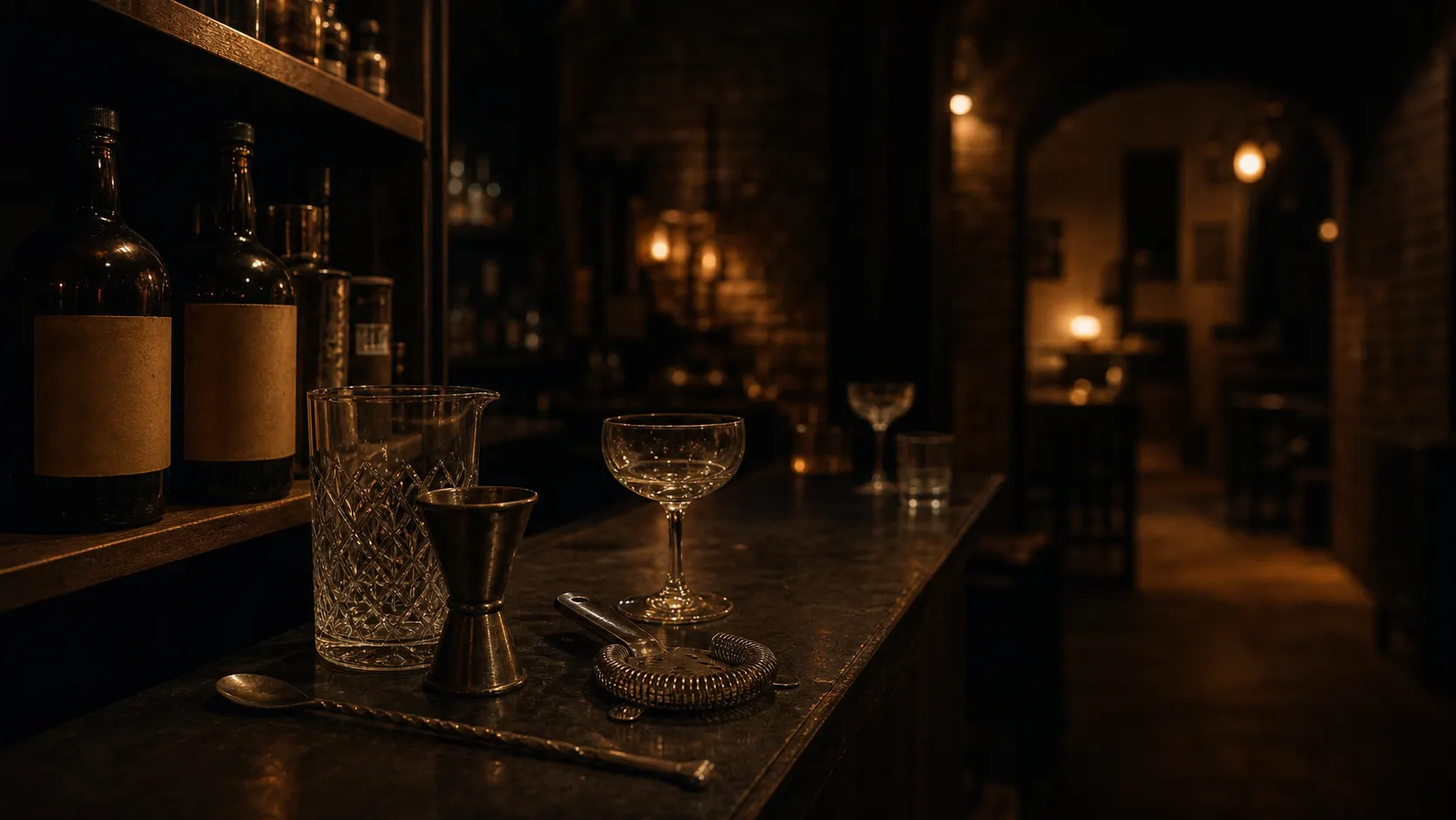 Bar tools and a coupe at rest on a walnut bar, the room soft behind.