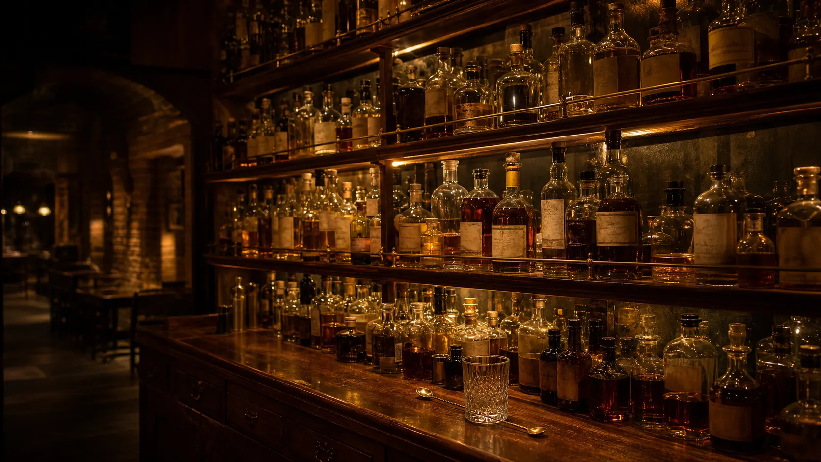 A back-bar wall of amber-lit bottles, a library of the bar.