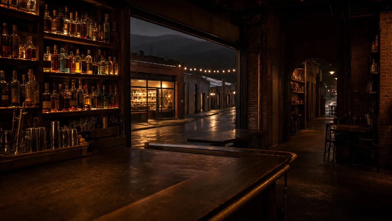 A mountain-town bar district at dusk, a lit cocktail bar glowing warm, forested ridgelines soft behind.