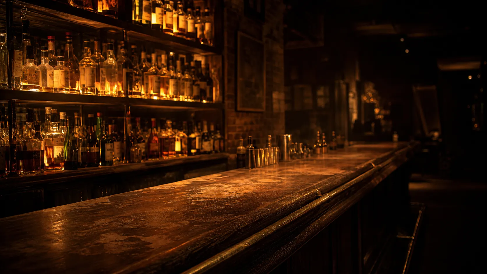 A bar back at night, bottles lit from below.