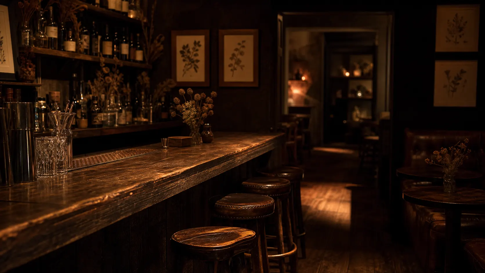 An empty bar room at golden hour, stools at the rail.