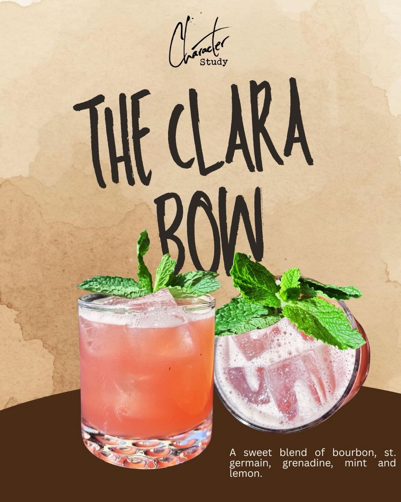 Signature cocktail: The Clara Bow. A sweet blend of bourbon, St-Germain, grenadine, mint and lemon.