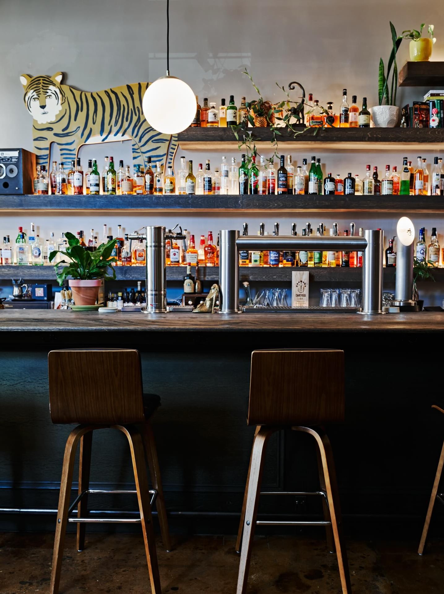 Full backbar with tiger artwork and curated spirit selection