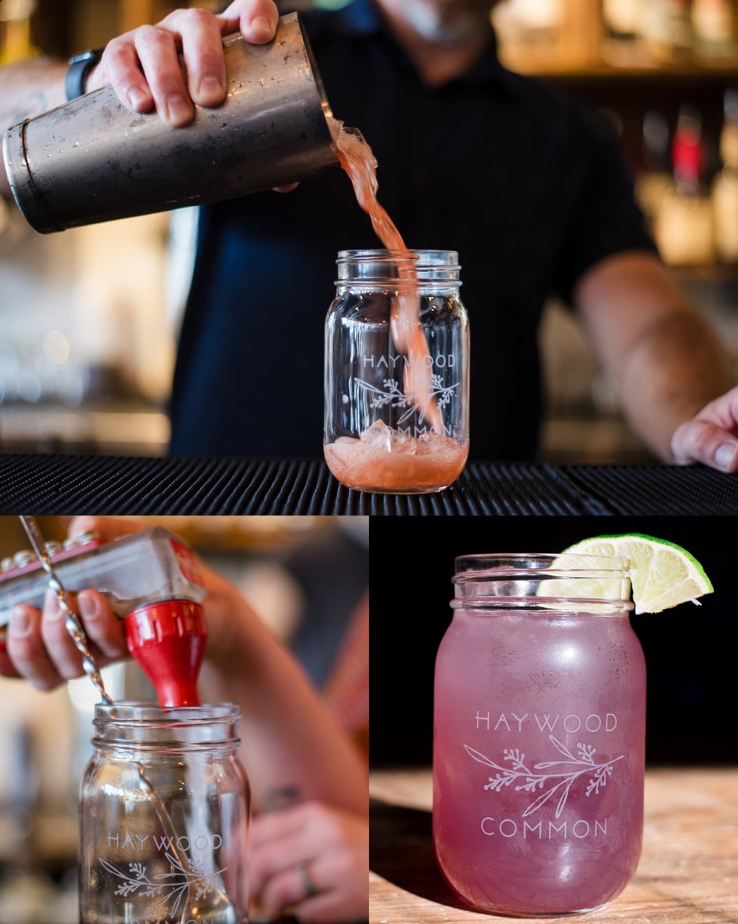 Housecrafted cocktail being poured into custom Haywood Common branded glassware.