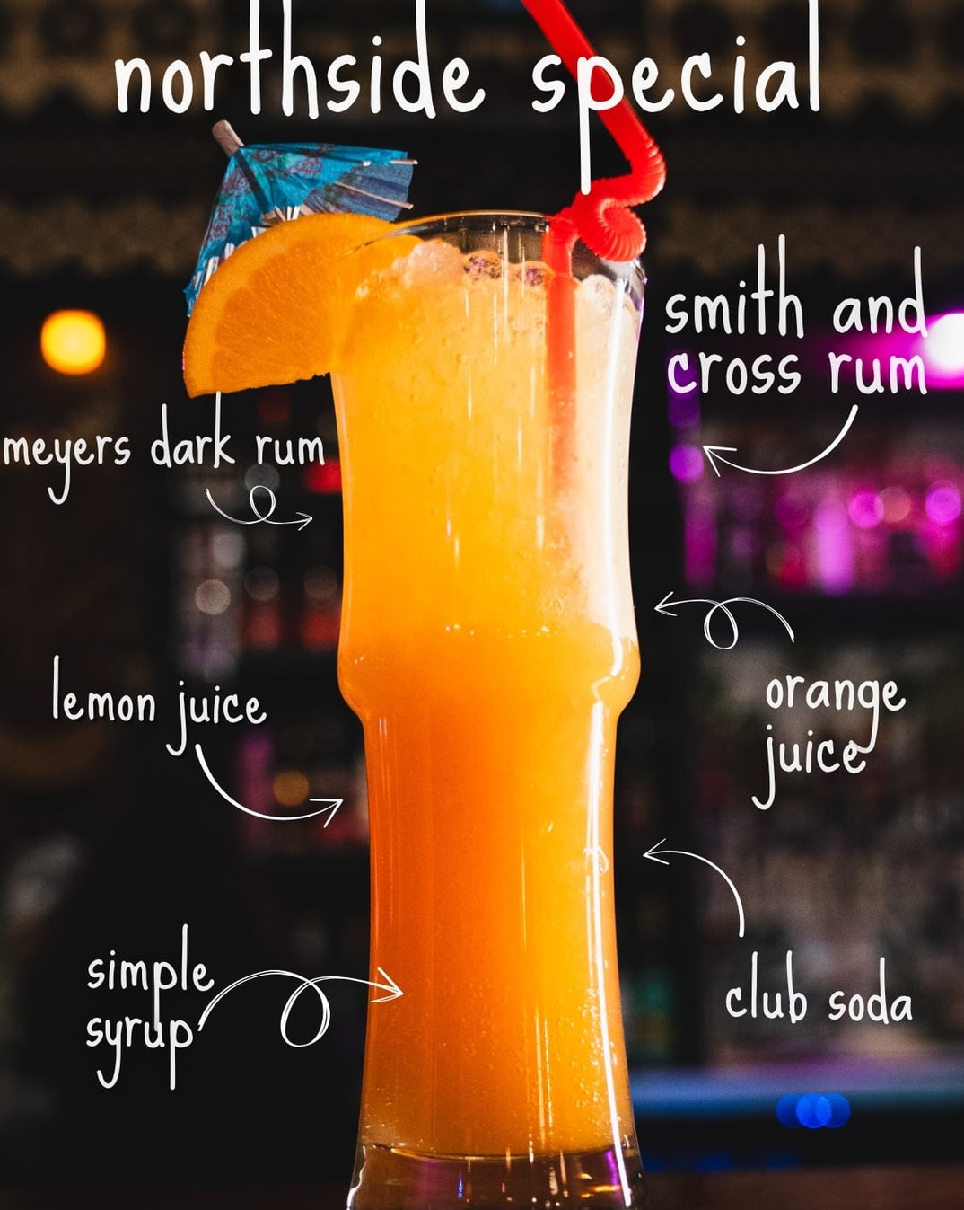 The Northside Special: A refreshing house rum cocktail featuring Smith & Cross and Meyer's dark rum.