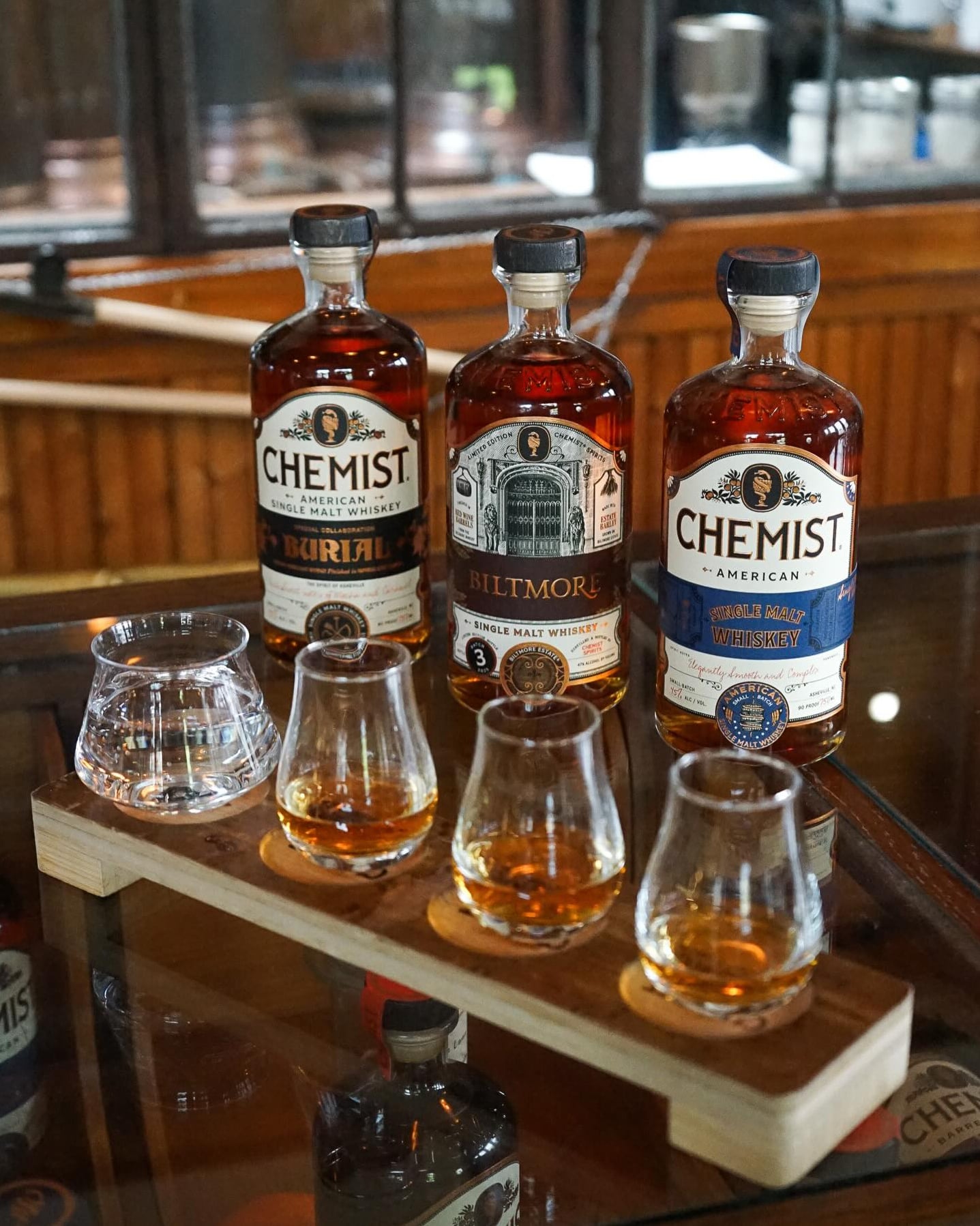 Flight of Chemist Whiskey tastings
