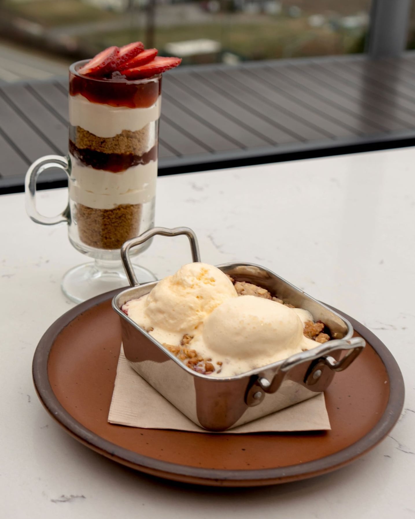 Classic dessert trolley option: Strawberry trifle and warm apple pie.