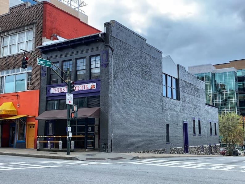 Thirsty Monk building exterior at the corner of Patton Ave in downtown Asheville