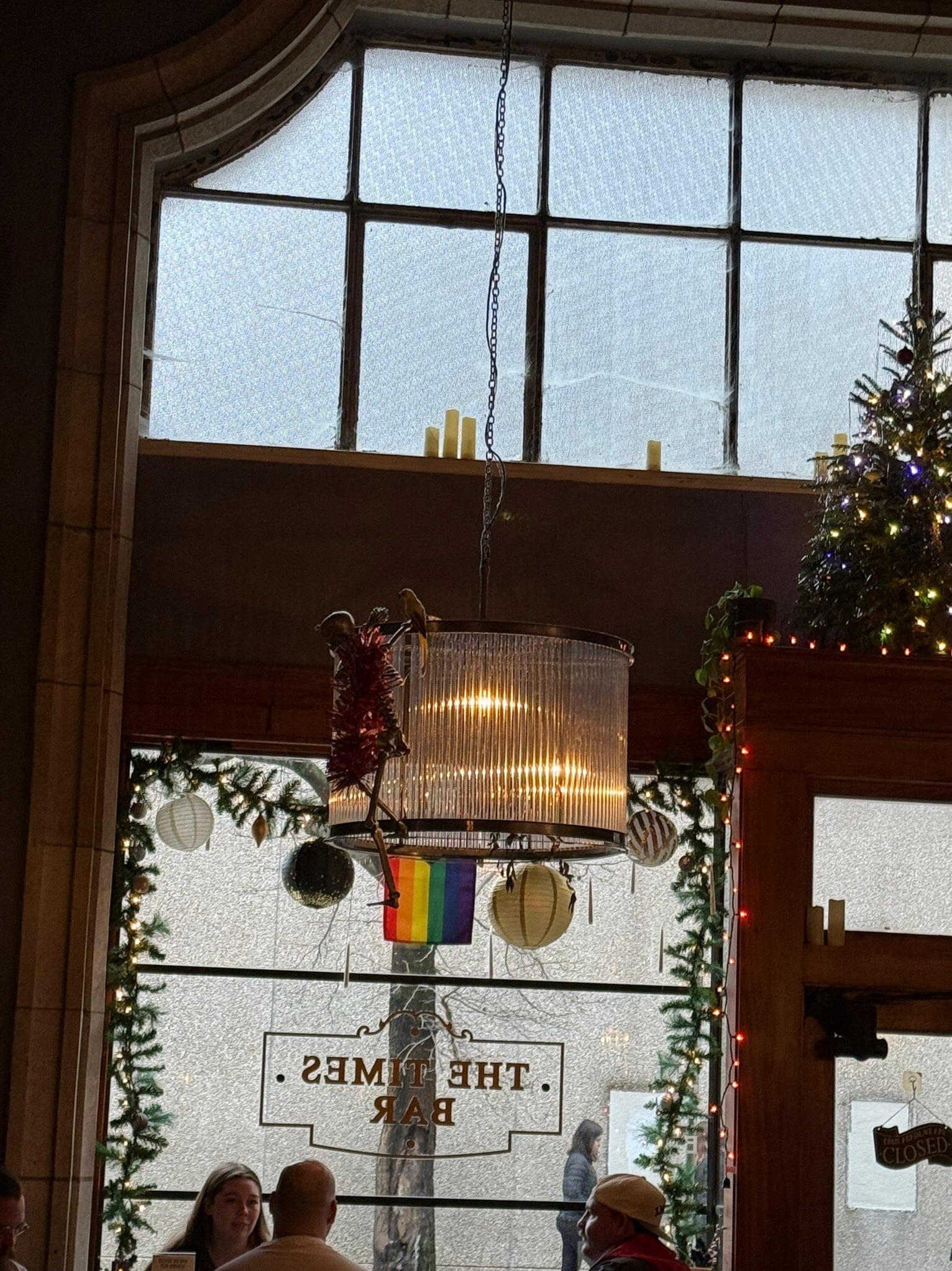 Festive window display with pride flag and holiday decor