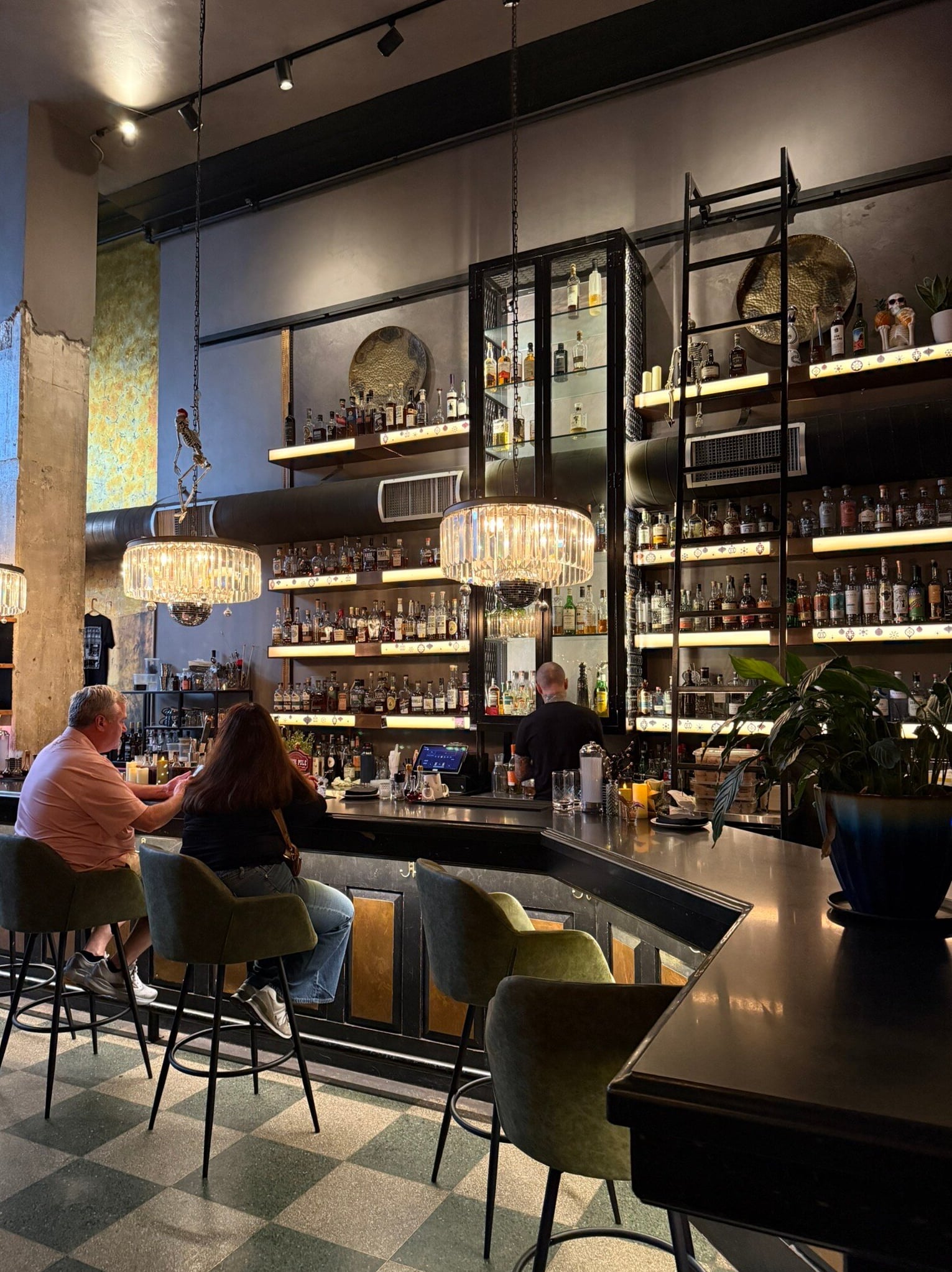 Modern bar with contemporary shelving and intimate seating