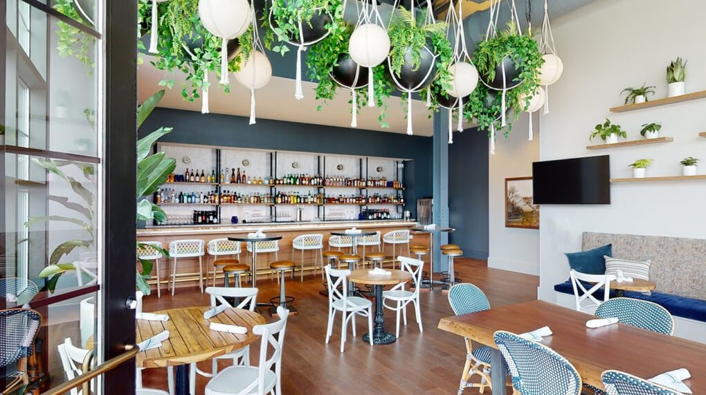 Spacious dining area with exposed wood floors and unique hanging planter decor