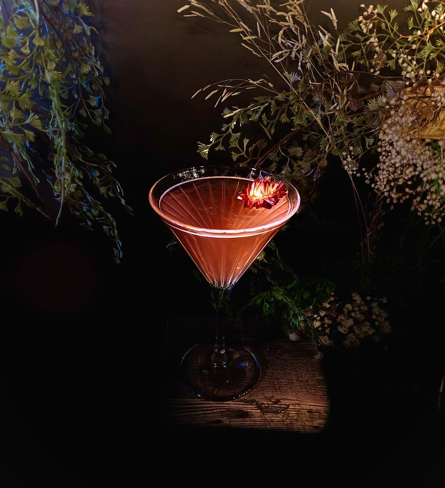Signature red cocktail with dramatic presentation and fresh flower garnish