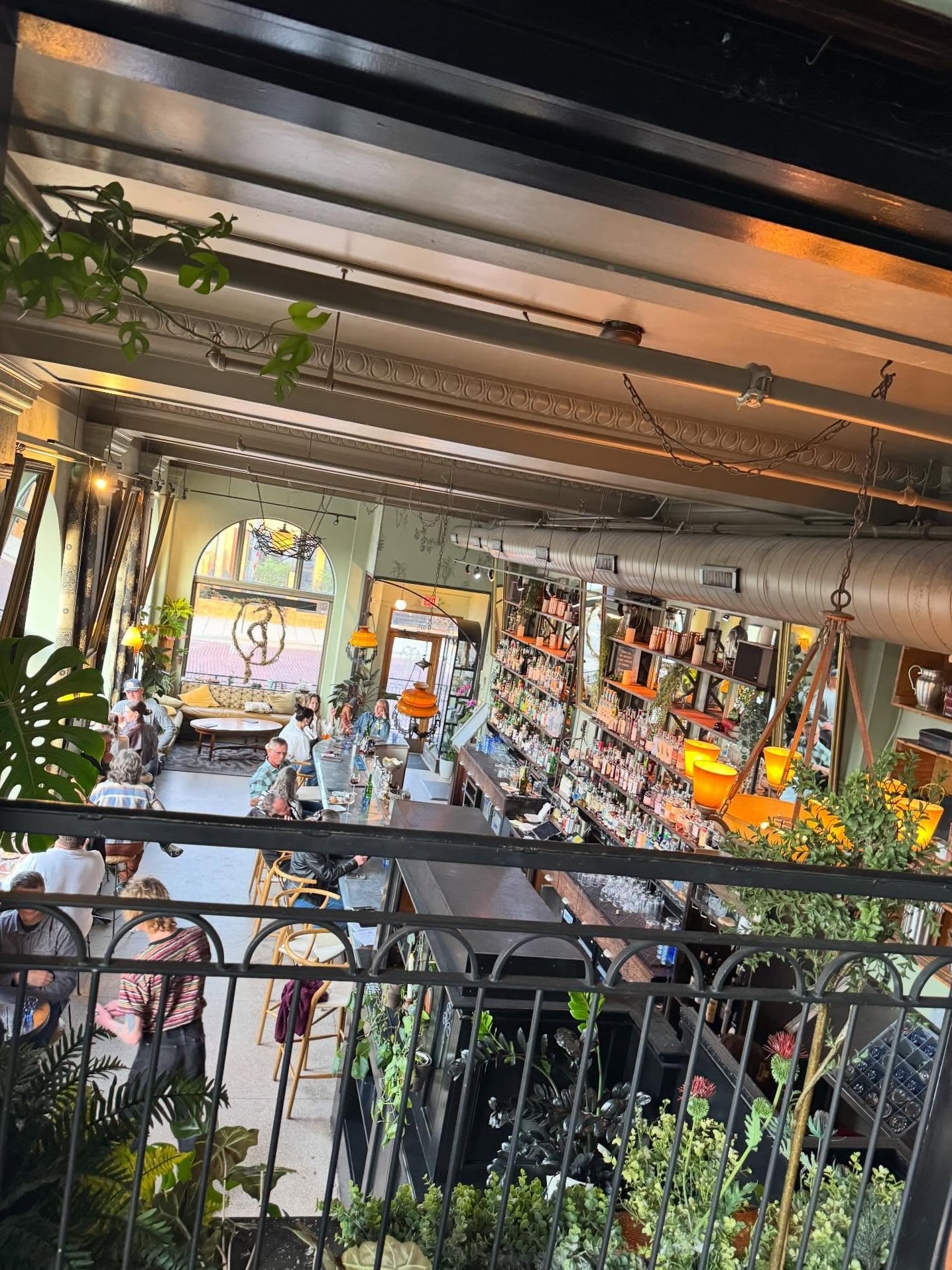 High-angle view of the venue's interior showing the full bar and dining room ambiance.