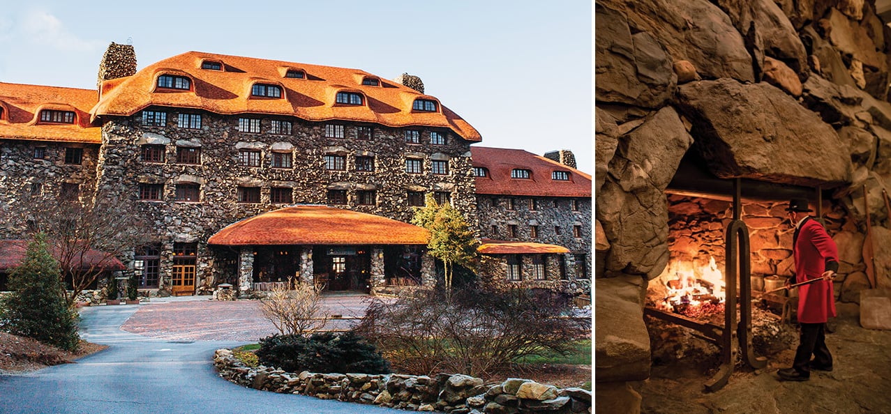 The Omni Grove Park Inn exterior and a red-coated bellhop tending the Great Hall's massive stone fireplace