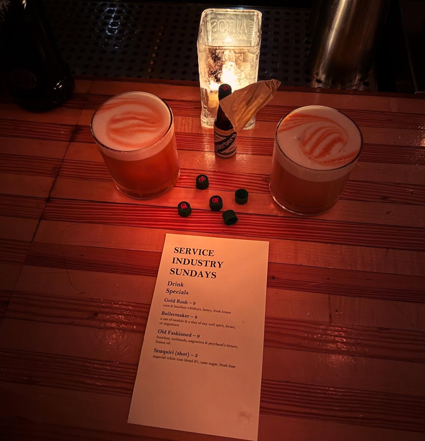 Housecrafted drinks and Sunday specials at the service industry bar.