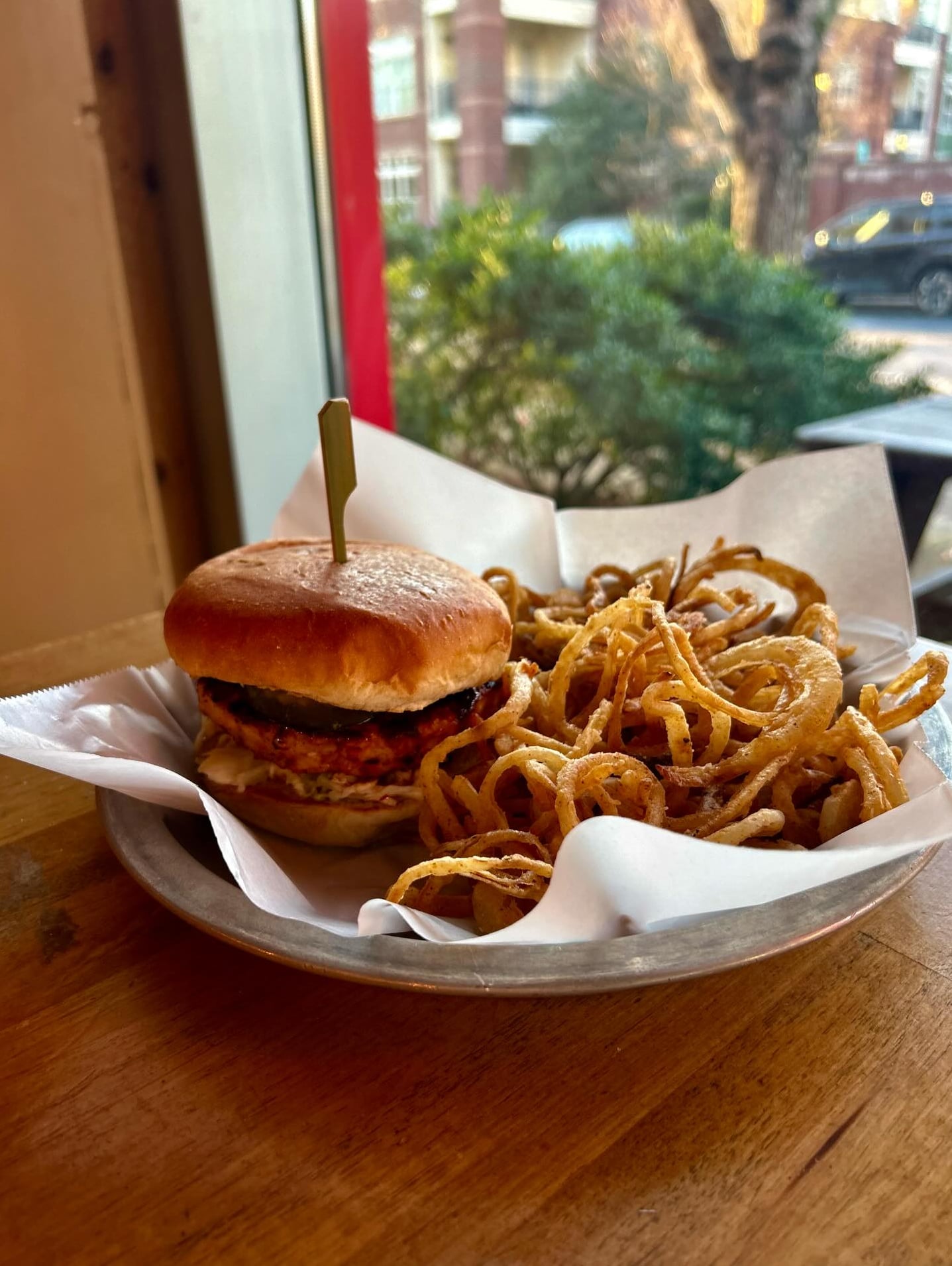 Nashville hot salmon burger with fries