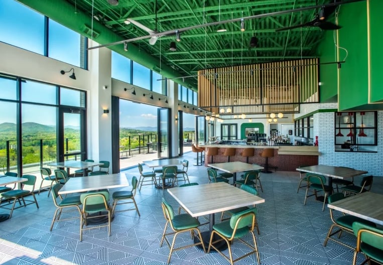 Modern interior featuring exposed green ceiling beams, geometric flooring, and expansive views.