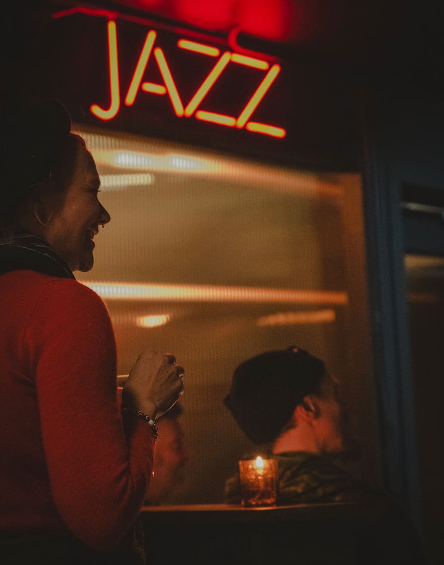 Intimate interior with vintage jazz neon vibe