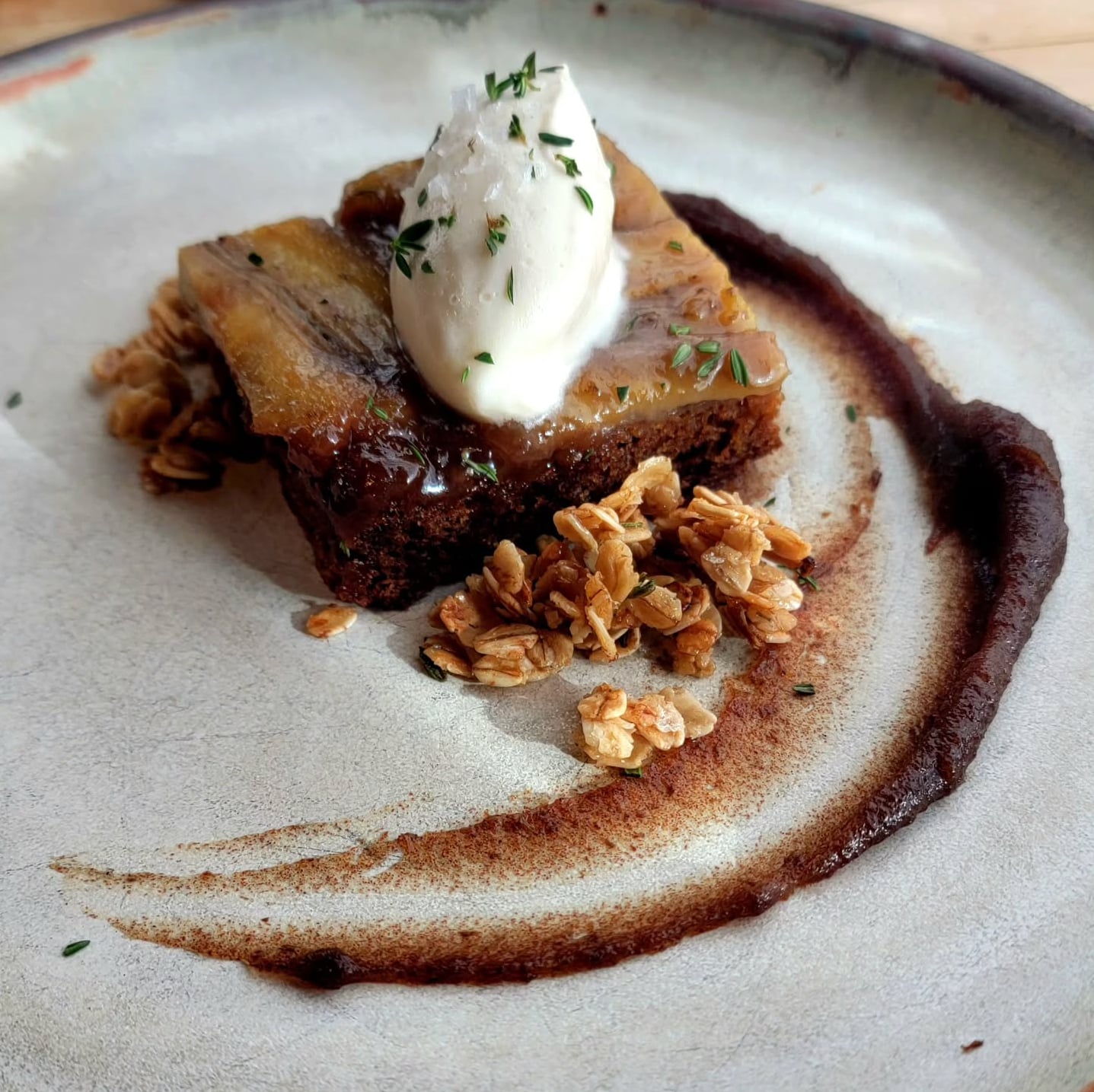 Banana caramel cake with whipped mascarpone and toasted granola