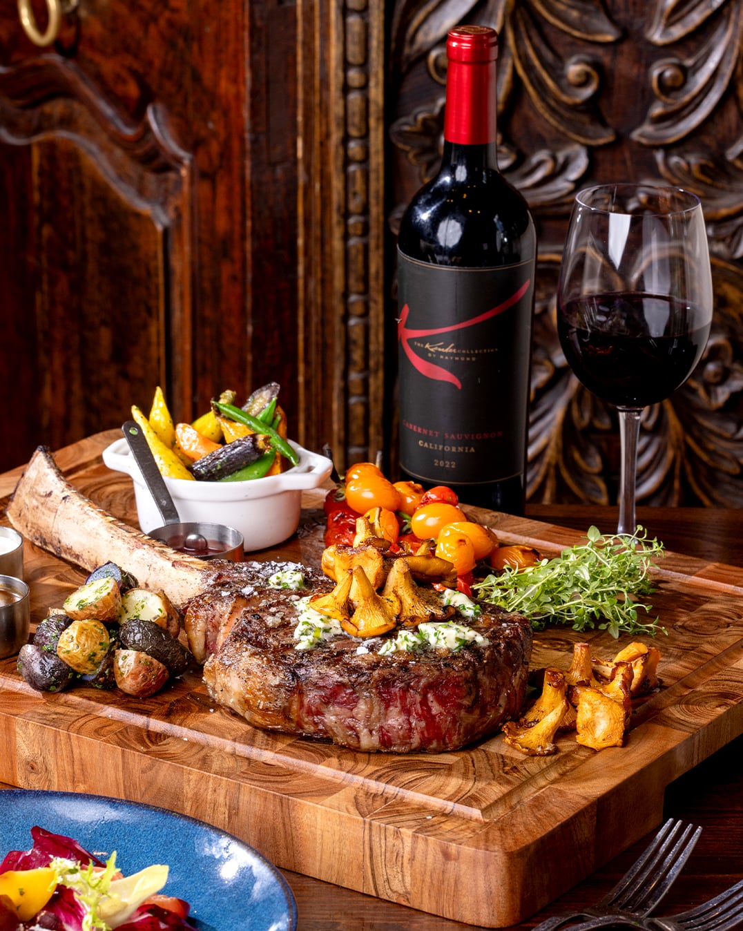 Signature steak board with wine service