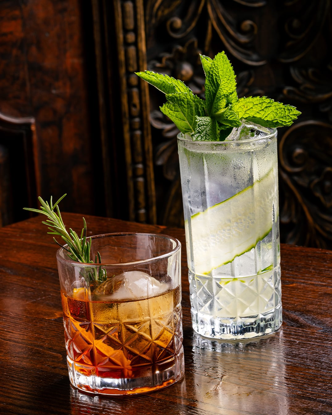 Signature cocktails with fresh herb garnishes