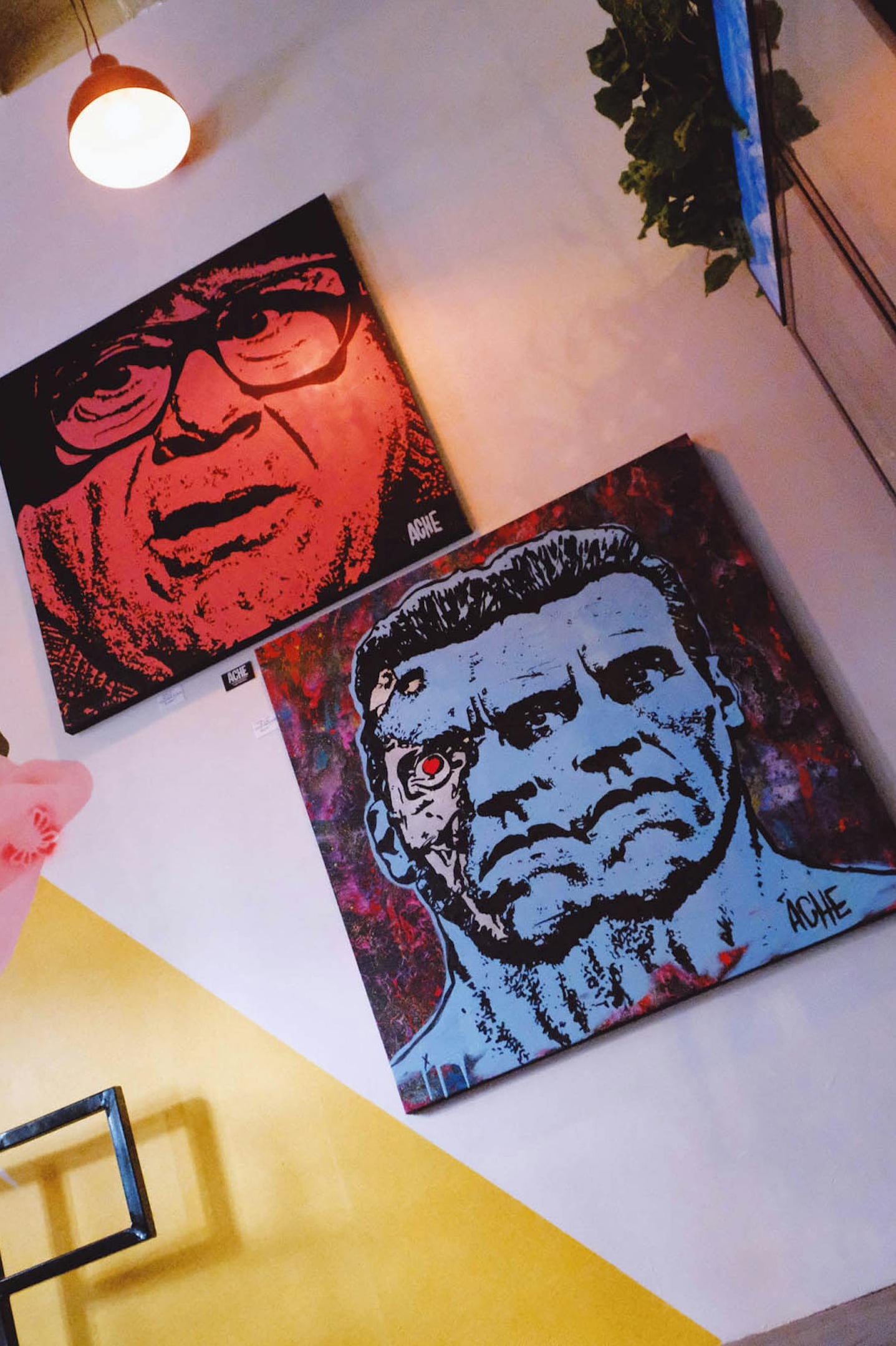 Interior wall featuring vibrant pop art portraits